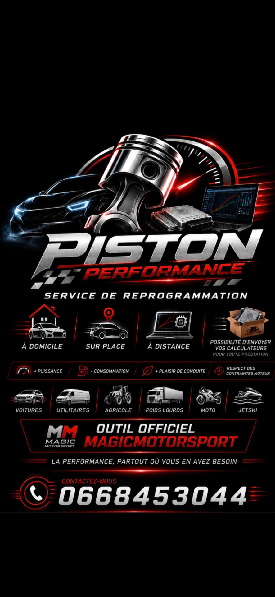 Affiche Piston Performance — service de reprogrammation moteur
