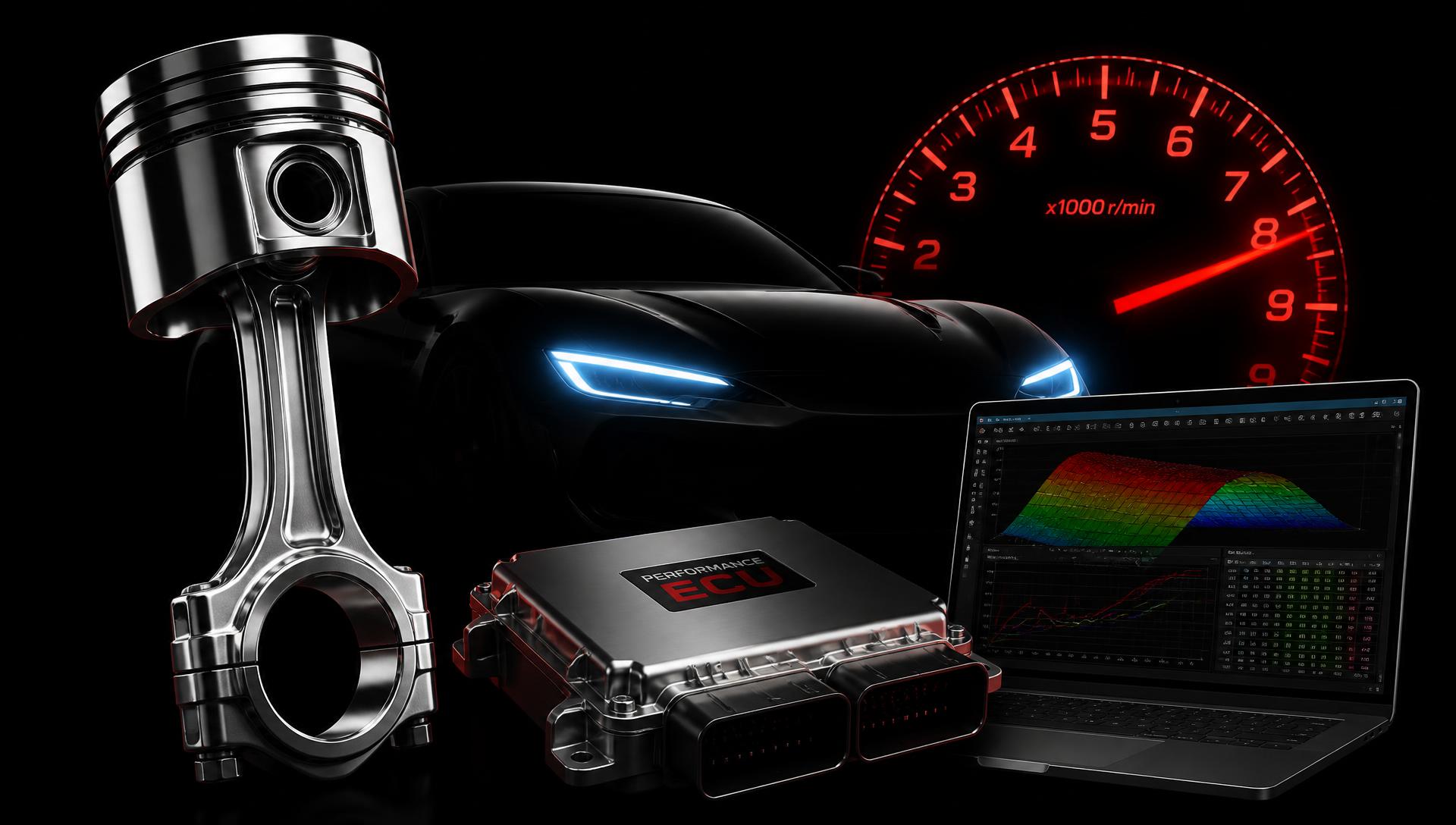 Piston chrome, voiture sport et calculateur moteur sur fond noir